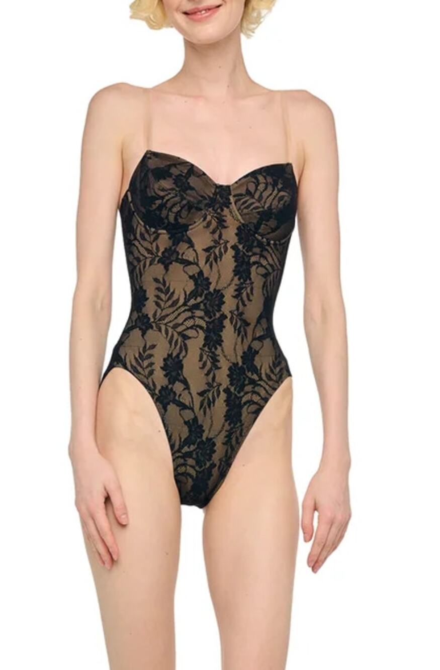 Norma Kamali Corset Mio Sweetheart One-Piece Swimsuit Black Rose Nude Medium NWT
